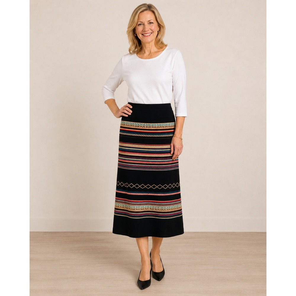 Foxcroft NYC Black Striped Southwestern‎ Maxi Skirt Size S